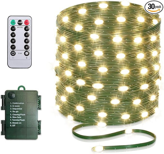 33ft Battery Operated String Lights, 100 LED Fairy String Lights Battery Powered w/Remote & Timer for Indoor Outdoor Christmas Trees Wreath Decoration Bedroom Patio - Warm White