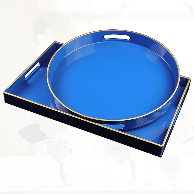 Blue Decorative Coffee Table Tray, Rectangular Plastic Serving Tray with Handles for Living Room, Ottoman, Bathroom, 15.7"*10.2"