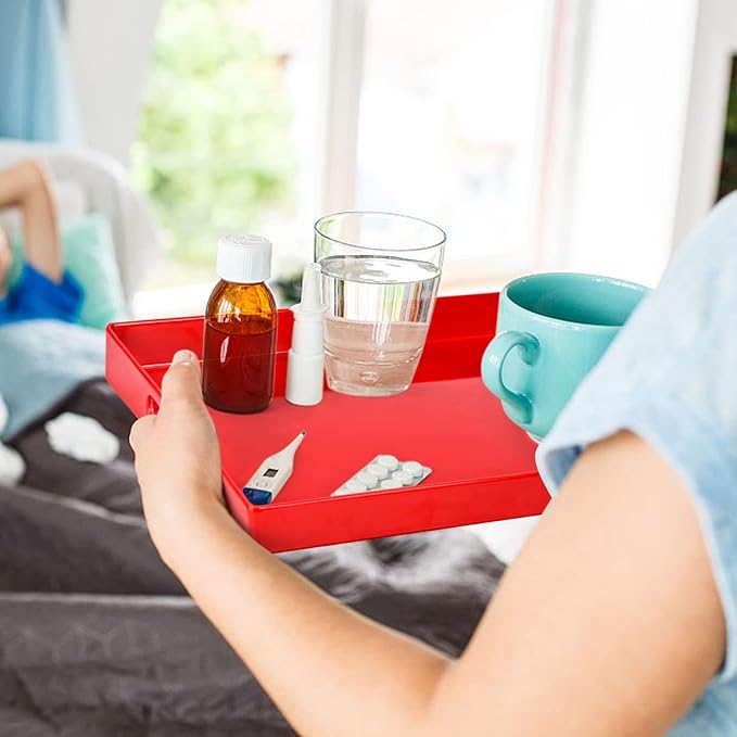 Serving Tray with Handles-10x15Inch Red Melamine Modern Serving Platters,Serving Wine,Coffee,Breakfast/Kitchen Countertop Tray/Makeup Drawer Organizer/Vanity Table Tray/Decorative Tray