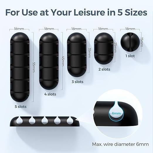 UNBREAKcable Cable Holder Clips, 5 Pack Cord Organizer for Desk, Silicone Adjustable Cord Clip, Adhesive Wire Management for Charging Cable USB Mouse Wire PC Car Office Home Nightstand Wall