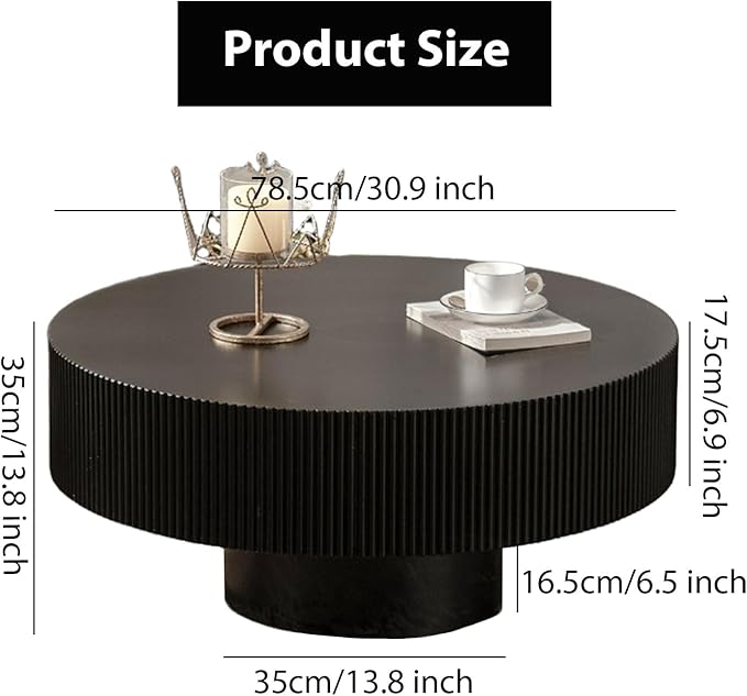 Round Fluted Coffee Table Mid Century Modern Coffee Tables with Handcrafted Relief Circle Drum End Table Rustic Industrial Center Tables for Apartment Living Room (Black Round Thick)