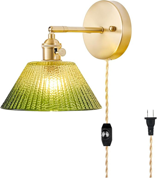 Plug in Wall Sconce, Vintage Sconce Light with Gradient Green Glass Lampshade, 180° Adjustable Wall Sconce with Switch and Plug in Wall Lamp Cord, Gold Wall Light for Bedroom Bedside