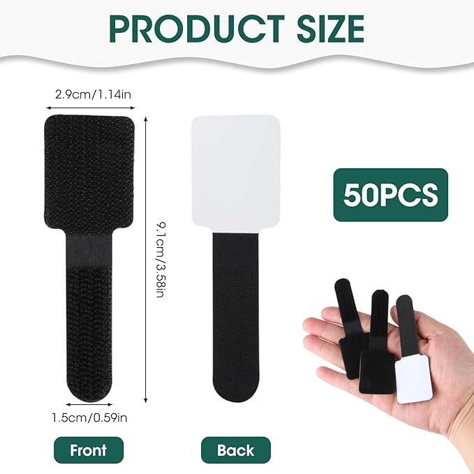 Hook and Loop Cable Ties, 50PCS Black Cord Organizer, Under Desk Cord Management for Home & Office, 1.18×3.54×0.59in