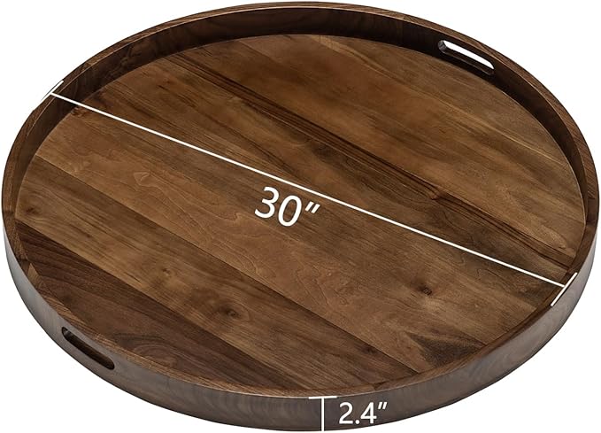 30 x 30 inches King Sized Round Ottoman Table Tray, Oversized Solid Wooden Black Walnut Decorative Serving Tray with Handles, Extra Large Circle Platter for Oversized Ottoman Bed