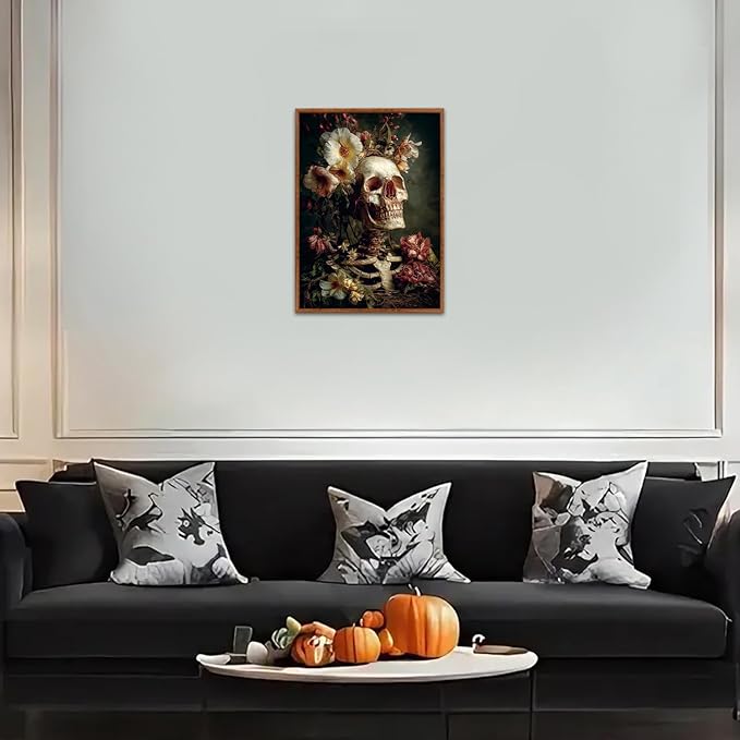 LHIUEM 12”x16”Halloween Gothic Skull Framed Painting Creepy Spooky Skeleton Flowers Decor Romantic Rose Wall Decor Dark Goth Skull Canvas Wall Art Vintage Halloween Skeleton Picture for Home Gallery