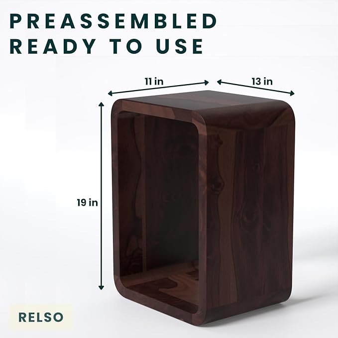 Relso Aurora End Table Solid Sheesham Wood Nightstand with Open Shelf Storage, Walnut Finish Bedside Table, Side Table for Bedroom, Living Room, Entryway, Small Spaces, Accent Bookshelf