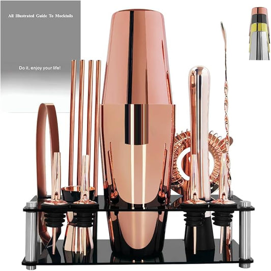 Professional Cocktail Shaker Set with Stand Cocktail Recipes, 15-Piece 750/600ml Bartender Kit, Bar Sets Bartending Kit Bar Tool Set 25/20oz Boston Shakers, Jigger, Muddler (Rose Gold)