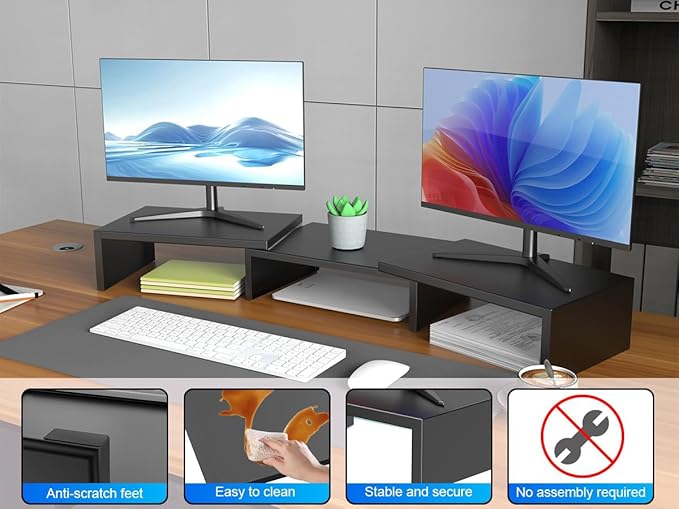 Dual Monitor Stand for Desk, Metal Computer Stand, Desk Shelf Riser,Desktop Organizer for Home and Office Use (Black)