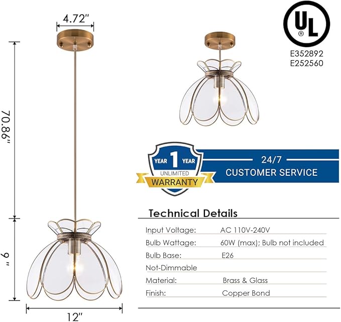 12" Vintage Brass Pendant Light Fixture, Flower Hanging Lamp for Kitchen Island, Glass Lotus Flower Ceiling Pendant Lighting for Entryway, Dining Room, Bedroom, Living Room, Clear, Large