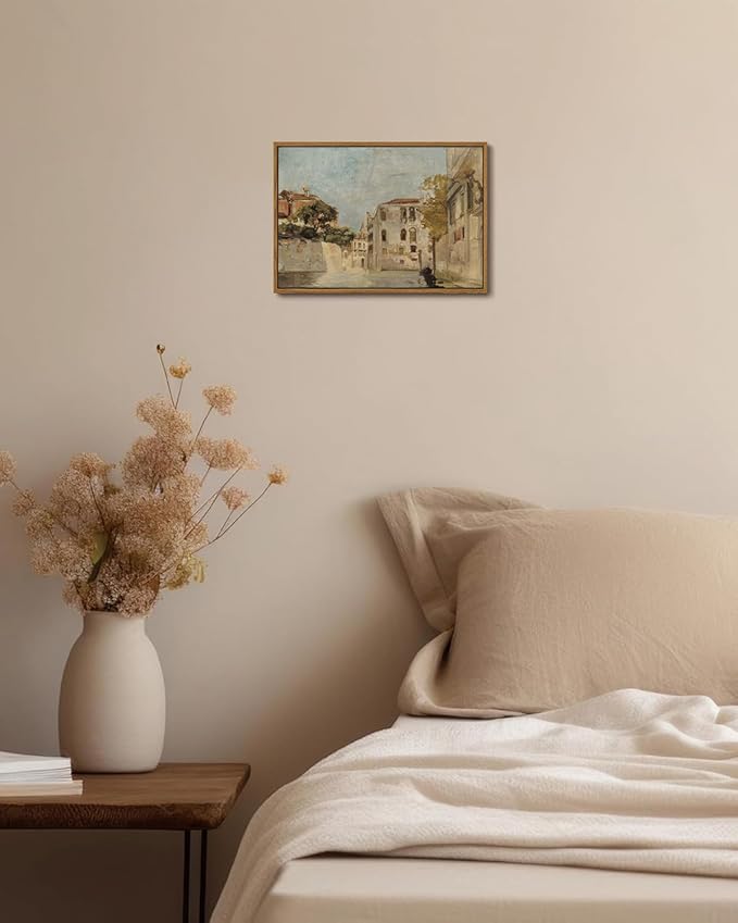 KISSFOX Vintage Venice Canal Canvas Wall Art Impressionist Retro Neutral Italy Cityscape Landscape Framed Wall Art Prints Artwork For Living Room Bedroom Kitchen