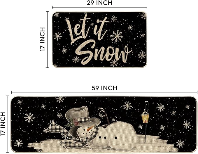 Artoid Mode Let It Snow Snowflake Snowman Light Christmas Decorative Kitchen Mats Set of 2, Home Party Low-Profile Kitchen Rugs - 17x29 and 17x59 Inch