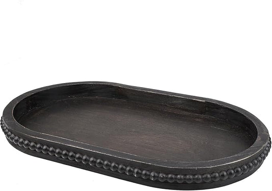 Vintage Black Oval Wood Decorative Ottoman Tray for Coffee Table Kitchen Counter, Living Room, Handcrafted Wooden Serving Tray for Table Centerpiece