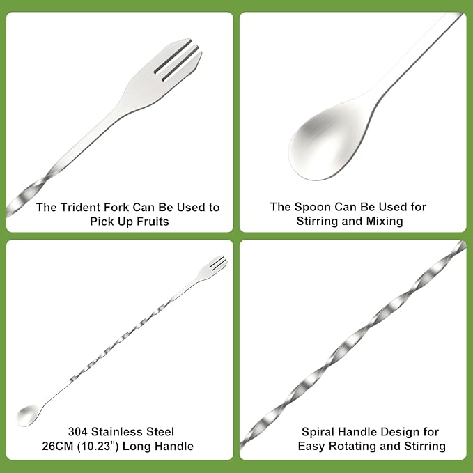 2Pcs 10'' Muddler and Spoon Set for Cocktails 304 Stainless Steel Fruit Smasher Home Bar Bartender Accessories Stirrers Mixing Tools for Mojitos Drinks Lemonade Stand Supplies