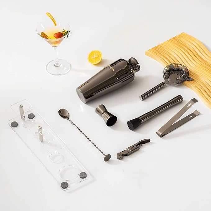 Cocktail Shaker Set with Arcylic Stand, Mixology Bartender Kit for Drink Mixing | Mixology Set with 7 Bar Set Tools Cocktail Kit (Black)
