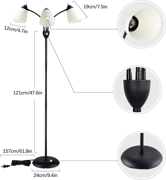 DINGLILIGHTING DLLT Modern Reading Floor Lamp, 3-Light with Adjustable Flexible Gooseneck Tree Standing Lamp for Living Room, Bedroom, Study Room, Office -Black Metal White Shades, E26 Base