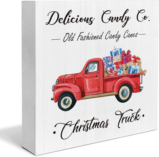 Rustic Christmas Decorations, Red Christmas Truck Wooden Sign Decor, Farmhouse Christmas Wooden Block Sign, Indoor Christmas Decor for Table Shelf 5 x 5 Inch