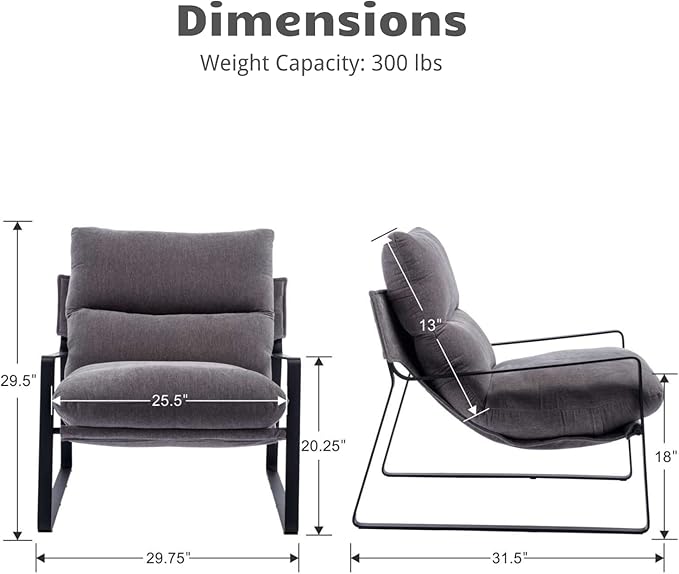 HEAH-YO Modern Accent Chair Set of 1, Linen Fabric Living Room Chair with Removable Cushion and Solid Metal Frame, Comfy Reading Chair for Bedroom, Grey