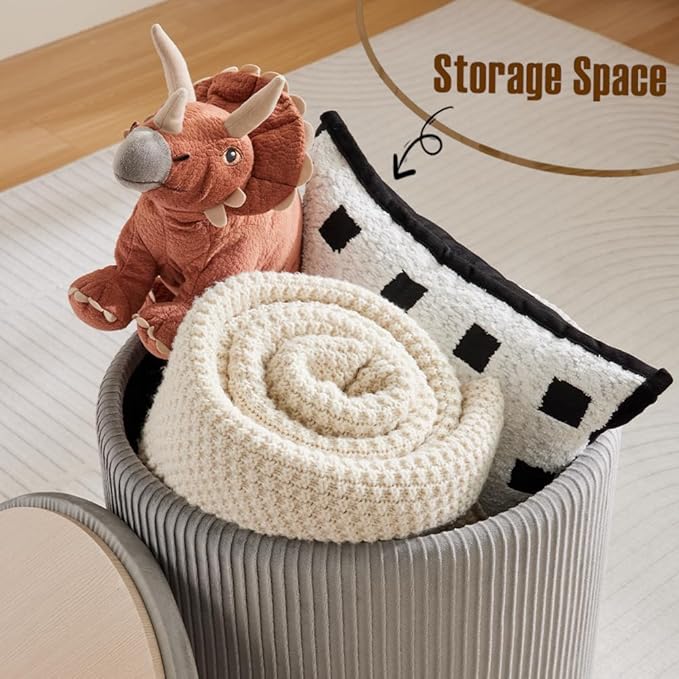 Big Round Ottoman with Storage Set of 2,Upholstered Velvet Vanity Stool for Makeup Multifunctional Foot Rest Coffee Table Padded Seat Tufted Ottomans for Living Room&Bedroom (Grey)