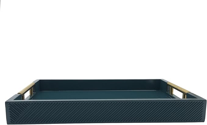 Serving Tray with Polished Metal Handles, 16.5''x12'' Rectangle Coffee Table Tray, Modern Decorative Tray, Large Ottoman Tray, Perfect for Storage and Display (Teal)