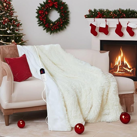 Heated Blanket with 10 Hours Auto-Off 6 Heat Level, Cozy Shaggy Faux Rabbit Fur Electric Blanket with Overheating Protection (White, 90"X100")