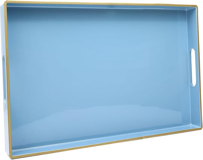 Spsyrine Blue Decorative Serving Tray with Handles, Elegant Plastic Coffee Table Tray for Ottoman, Living Room, Home Decor 15.6" X 10.2" Light Blue