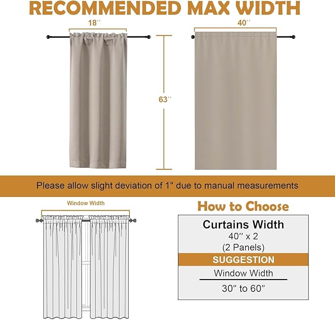 Aiyufeng Stone Blackout Curtains for Bedroom 63 Inch Length 2 Panels Set, Solid Thermal Insulated Energy Saving Rod Pocket Window Treatment Curtains Blackout Drapes, W40 x L63 Inch, Stone