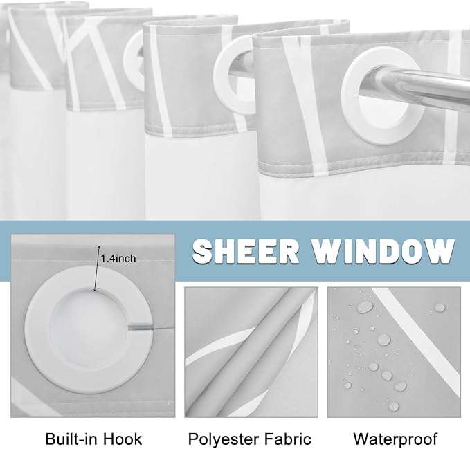 No Hook Ombre Grey Striped Long Shower Curtain with Snap in Liner Set - Hotel Shower Curtain and Liner Set with See Through Mesh Top Window,Machine Washable, 71x86 INCH