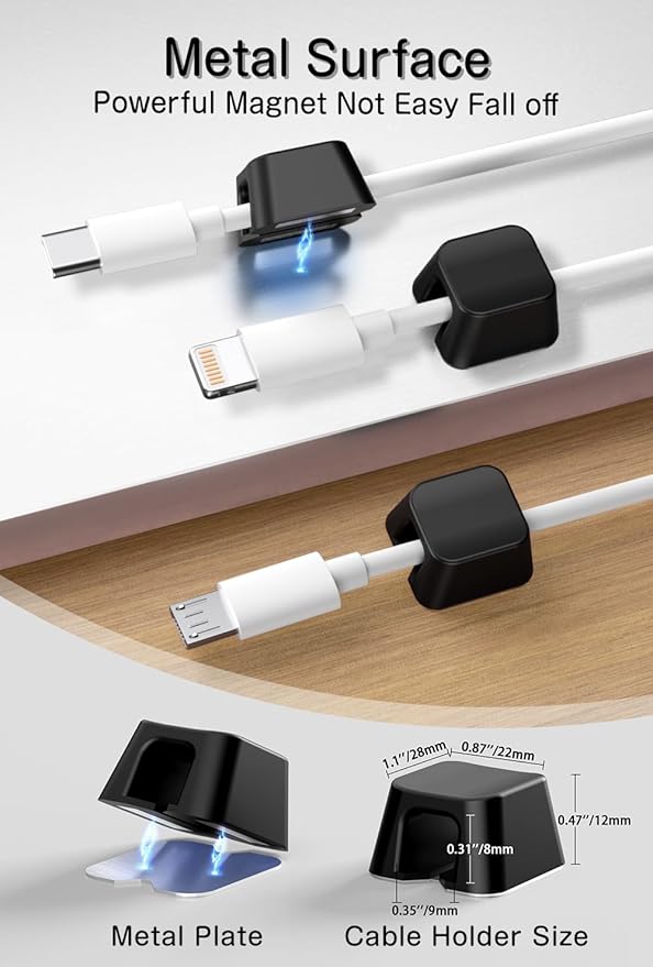 Viaky 8 Pack Magnetic Cable Clips, Large Size Under Desk Cable Management, Workspace Charger Organizer,Cord Holder with Adhesive Metal Disc, Office Desk Accessories for Nightstand Car Wall (Black)
