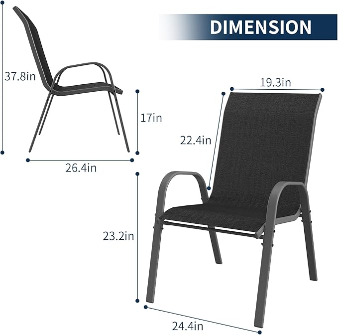 Amopatio Patio Chairs Set of 8, Outdoor Stackable Dining Chairs for All Weather, Breathable Garden Outdoor Furnitures for Backyard Deck, Black