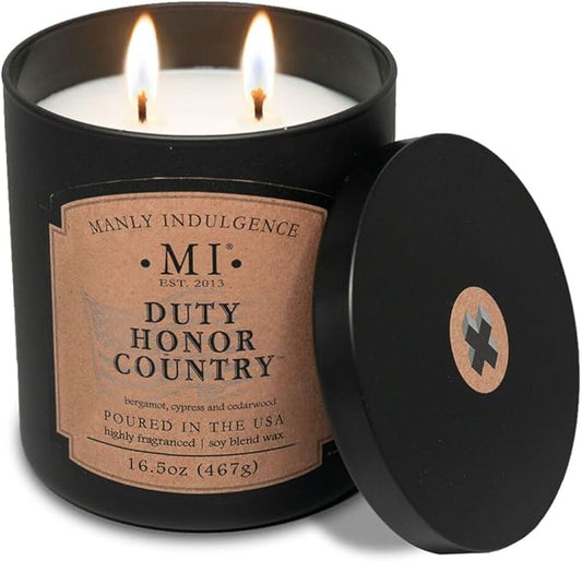 Manly Indulgence Duty Honor Country Scented Jar Candle, 2 Wick, 16.5 oz Premium Soy Blend Wax, 60H Burn, Candles for Home Scented - Made in The USA