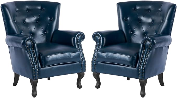 MOJAY PU Leather Accent Chair Set of 2, Mid-Century Modern Armchair Living Room Club Chair with Tufted Button & Rivet Trim, Upholstered Sofa Chair with Sturdy Wood Legs for Bedroom (Navy)