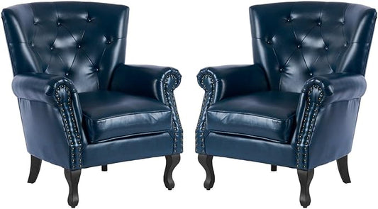 MOJAY PU Leather Accent Chair Set of 2, Mid-Century Modern Armchair Living Room Club Chair with Tufted Button & Rivet Trim, Upholstered Sofa Chair with Sturdy Wood Legs for Bedroom (Navy)