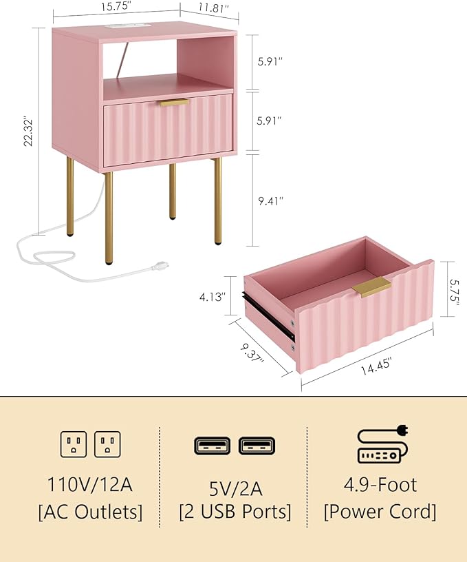 Masupu Nightstand with Charging Station,Mid-Century Modern Bedside Table with Storage Drawer and Open Wood Shelf,Small Gold Frame Side Table for Bedroom,Living Room (Pink Fluted)