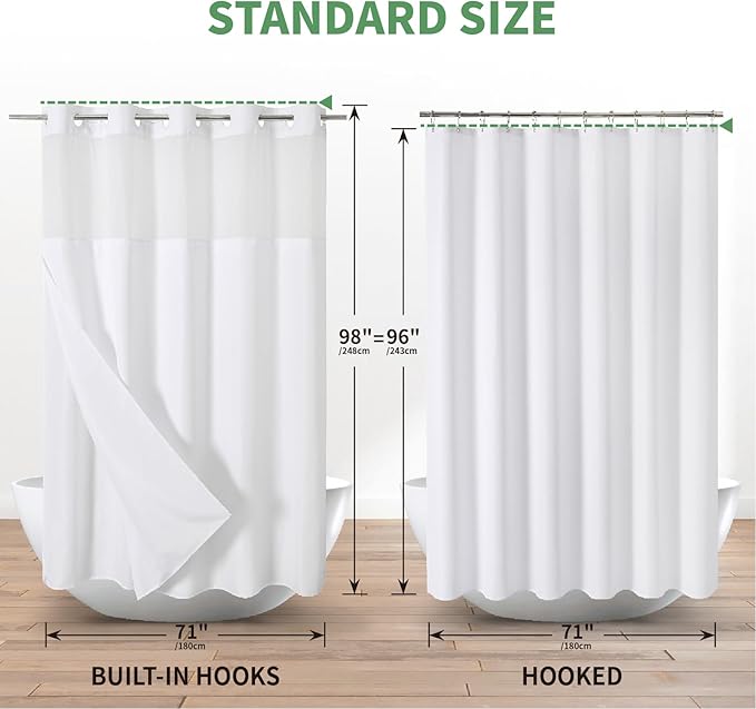 Extra Long No Hook Shower Curtain with Snap-in Fabric Liner Set,Slub Textured Fabric Shower Curtains for Bathroom,Hotel Style Modern Shower Curtain,Water Repellent & Washable,71x98(96),White