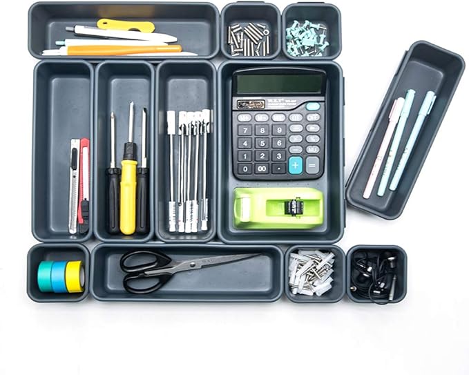 Gonice 18 PCS Black Desk Drawer Organizer Tray, Interlocking Drawer Organizers and Storage with 3 Sizes for Office, Bathroom, Kitchen, Makeup