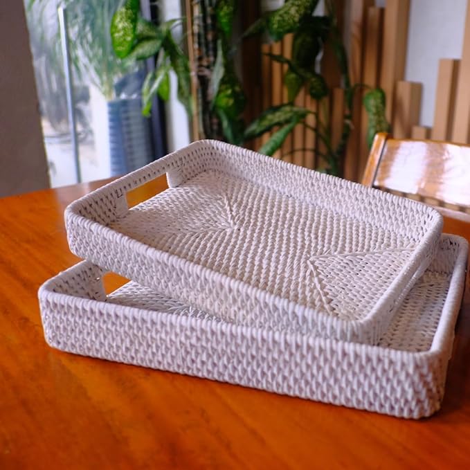 White Wash Rectangular Wicker Serving Tray | Set of 2 | Handmade Woven Rattan Storage Basket | Decorative Coffee Tabletop Tray - (L- 15.4"" x2.4 M- 13.7"" x 2"")