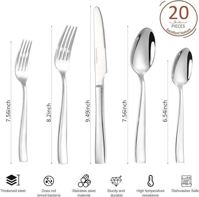 Lazycorner Silverware Set for 4, 18/10 Stainless Steel Flatware Set, 20-Piece Mirror Polished Modern Cutlery Set include Fork Knife Spoon Set(Dishwasher Safe)