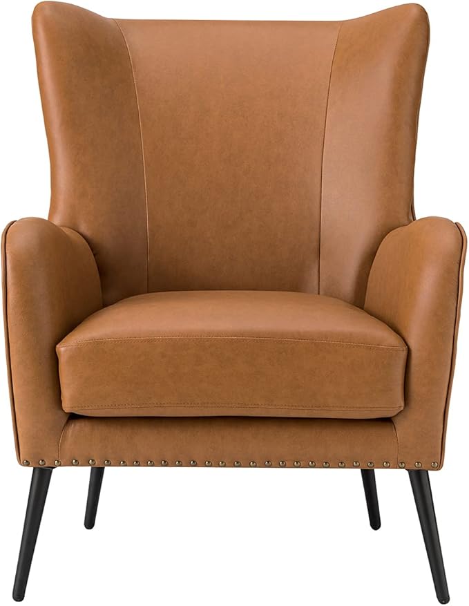 HULALA Home Faux Leather Accent Chair Set of 2 w/Removable Cushion, Comfy Upholstered Armchair with Metal Legs & Nailhead Trim Wingback Vanity Chair Desk Chair for Reading Living Room Bedroom, Camel