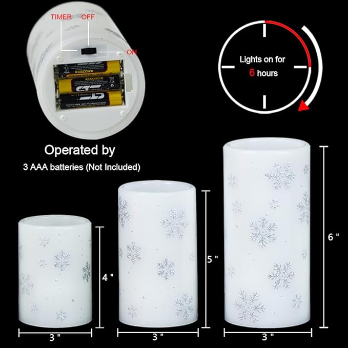 DRomance Silver Snowflake Flameless Flickering Candles Battery Operated with 6H Timer, 3 Pack Real Wax Warm Light LED Pillar Candles Dinner Tabletop Holiday Centerpiece Decor 3" x 6"