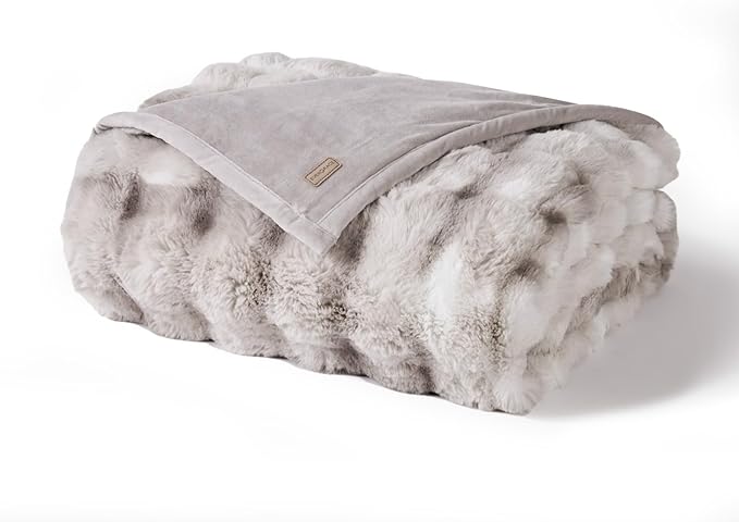EverGrace Ultra Soft Luxury Fluffy Faux Rabbit Fur Throw Blanket, Thick Warm Bubble Throw for Bed, Cozy Plush Reversible Blankets for Couch, Chair, Sofa, Light Grey, 50x60 Inches