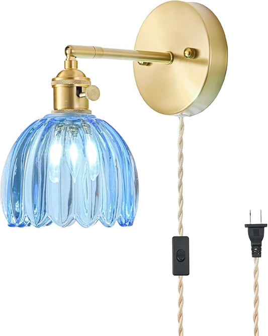 Plug in Wall Sconce, Vintage Sconce Light with Tulip Sky Blue Glass Lampshade, 180° Adjustable Wall Sconce with Switch and Plug in Wall Lamp Cord, Gold Wall Light for Bedroom Bedside