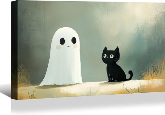 BANHUA1 Cute Ghost and Black Cat Canvas Wall Art, Dark Academia Pictures Print, Halloween-Themed Wall Decor for Home, Living Room, Bedroom, 30 x 20 Inch