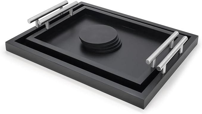 Decorative Ottoman Bamboo Serving Tray (Set of 2) | Black Sleek Metal Handles | 4 Matching Coasters | Coffee Table Decor | Serving Kitchen Platter (Bamboo Black) | for All Occasions