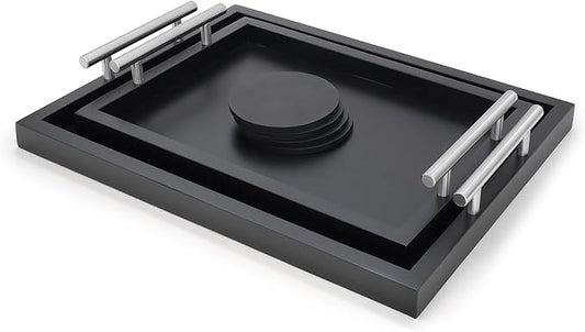 Decorative Ottoman Bamboo Serving Tray (Set of 2) | Black Sleek Metal Handles | 4 Matching Coasters | Coffee Table Decor | Serving Kitchen Platter (Bamboo Black) | for All Occasions