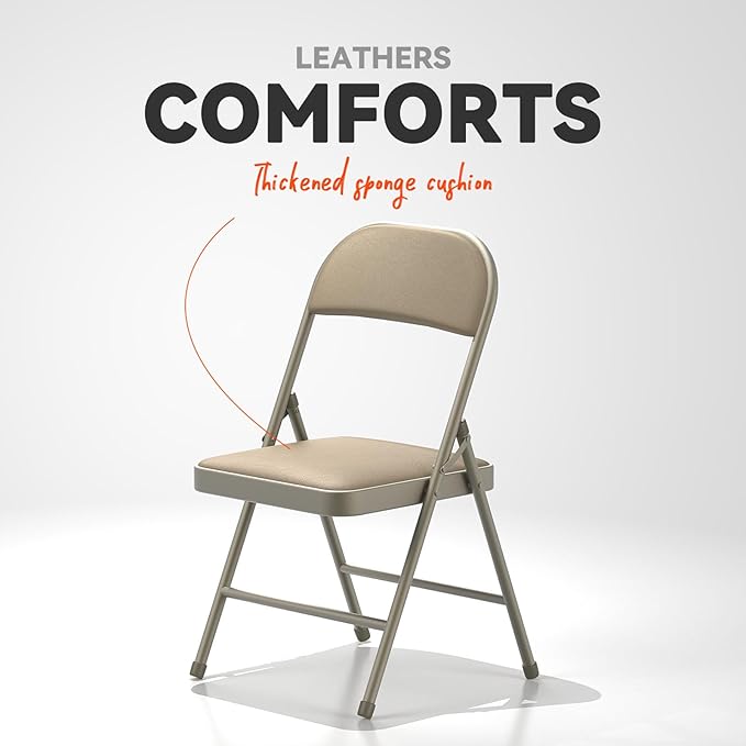 Nazhura 4 Pack Folding Chairs with Padded Vinyl Cushion Chairs with Comfortable Cushion and Durable Steel Frame for Home and Office, for Indoor and Outdoor Events (Kahki Vinyl Padding 4 Pack)