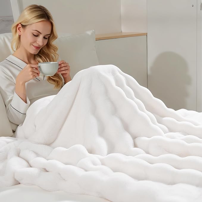 NEXHOME PRO Faux Fur Throw Blanket, Ultra Soft Cozy Warm Fuzzy Fluffy Plush Reversible Blanket for Couch, Sofa, Bed, Home Decor Gift, White 5060