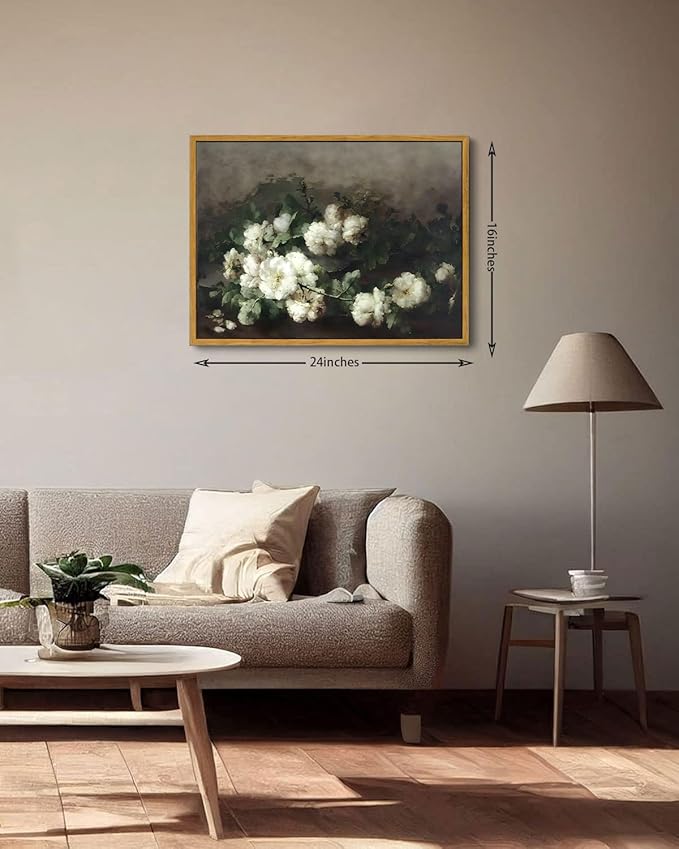 KISSFOX Framed Vintage Floral Wall Art White Flower Botanical Painting Canvas Prints Retro Rustic Farmhouse Pictures Cottagecore Aesthetic Office Decor Bedroom Bathroom Living Room