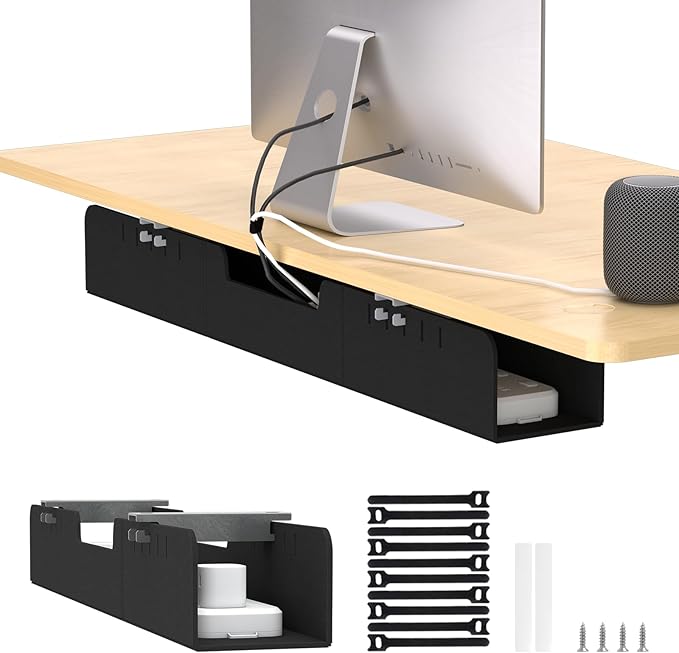 31.5" No Drill Under Desk Cable Management Tray, Felt Cord Organizer with Adhesive & Screw Mount, Cable Management & Wire Organizer for Office Desk, Table, Home Workspace