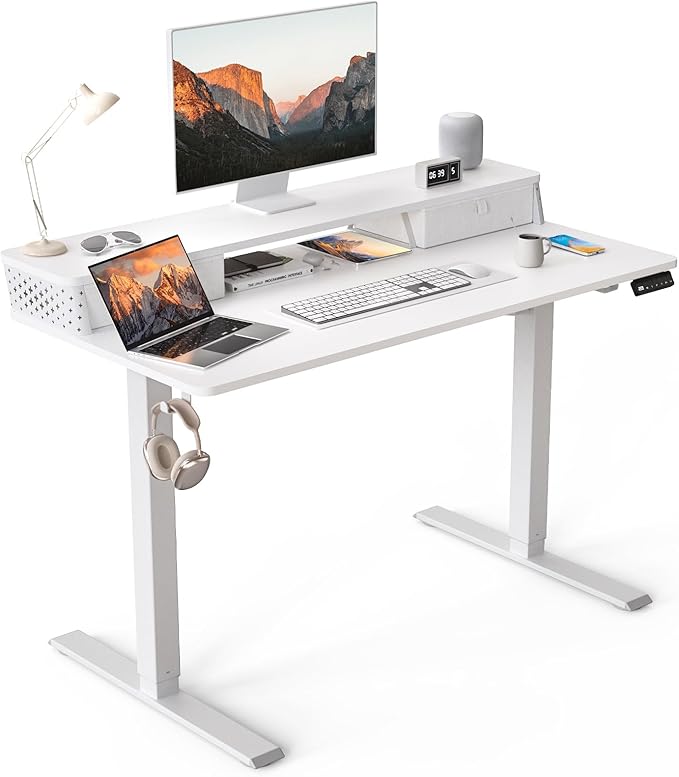 48 x 24 Inch Standing Desk with 2 Drawers, Easily Assembled Height Adjustable Desk, Ergonomic Sit to Stand Electric Desk for Home Office Workstation, White