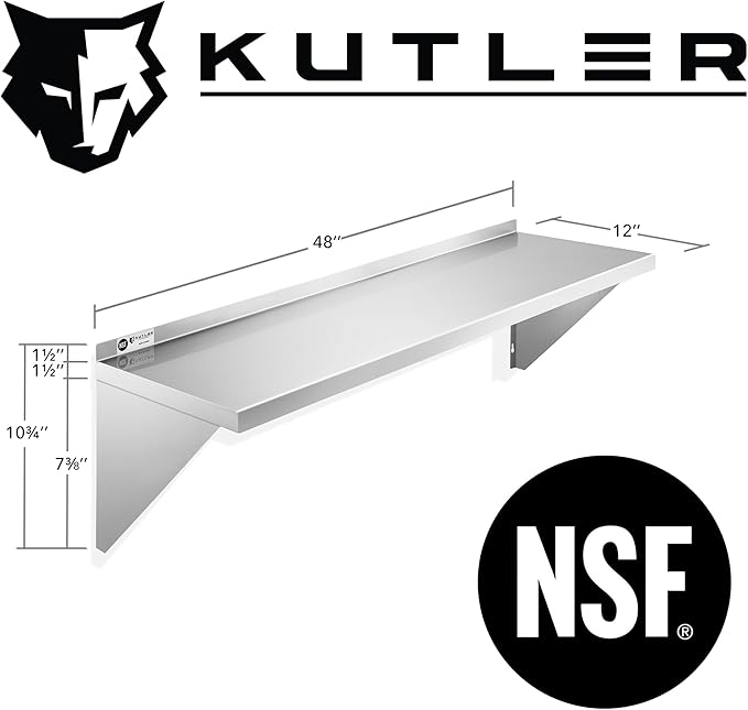 KUTLER Stainless Steel Shelf - 12" x 48", NSF Commercial Wall Mount Shelves with Backsplash, Floating Metal Shelving for Restaurant, Kitchen, Home